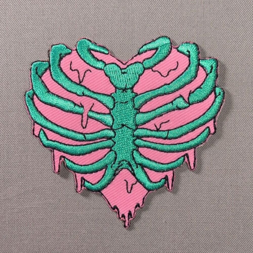 Pink and Green Heart Ribcage Iron On Patch | Gothic Heart Patch